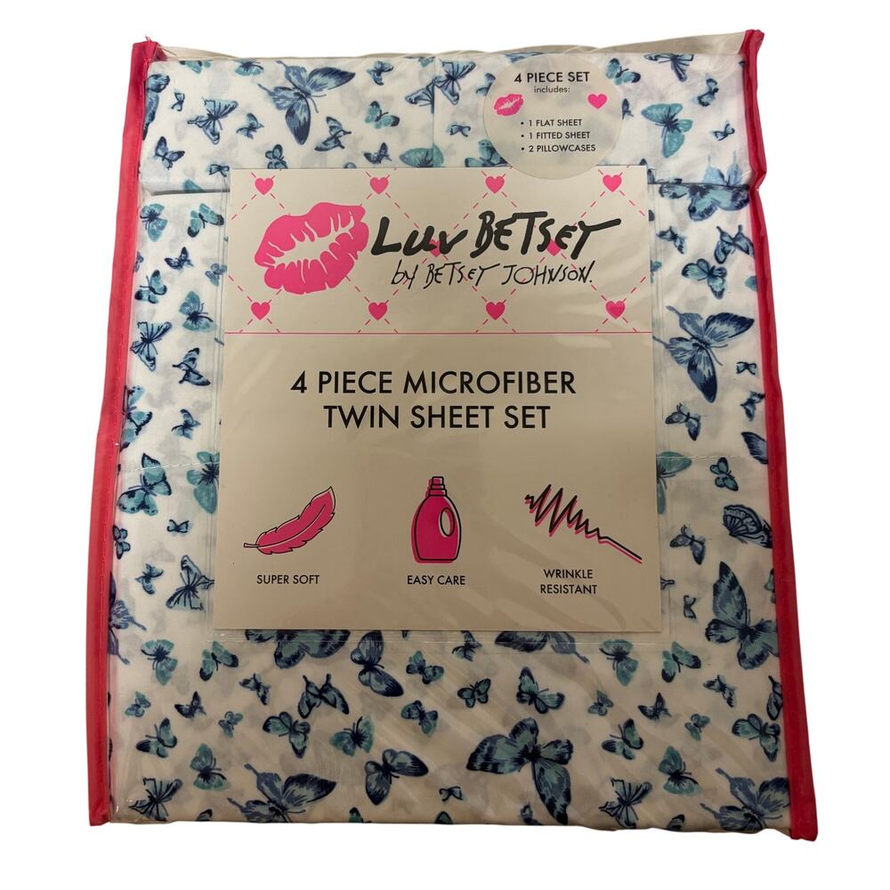Betsey Johnson Butterfly Twin Sheet Set 4 Piece Microfiber Blue White NIP New